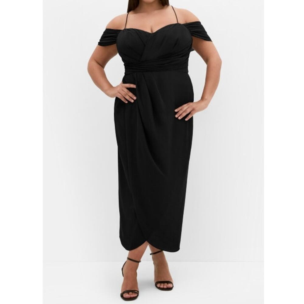City Chic Entwine Tulip Drape Maxi Dress Black Off The Shoulder V-Neck Slit Gown